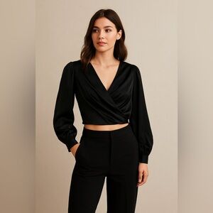 DO+BE Black Silk Cropped Top with Deep V-Neck and Button Details - Size Large